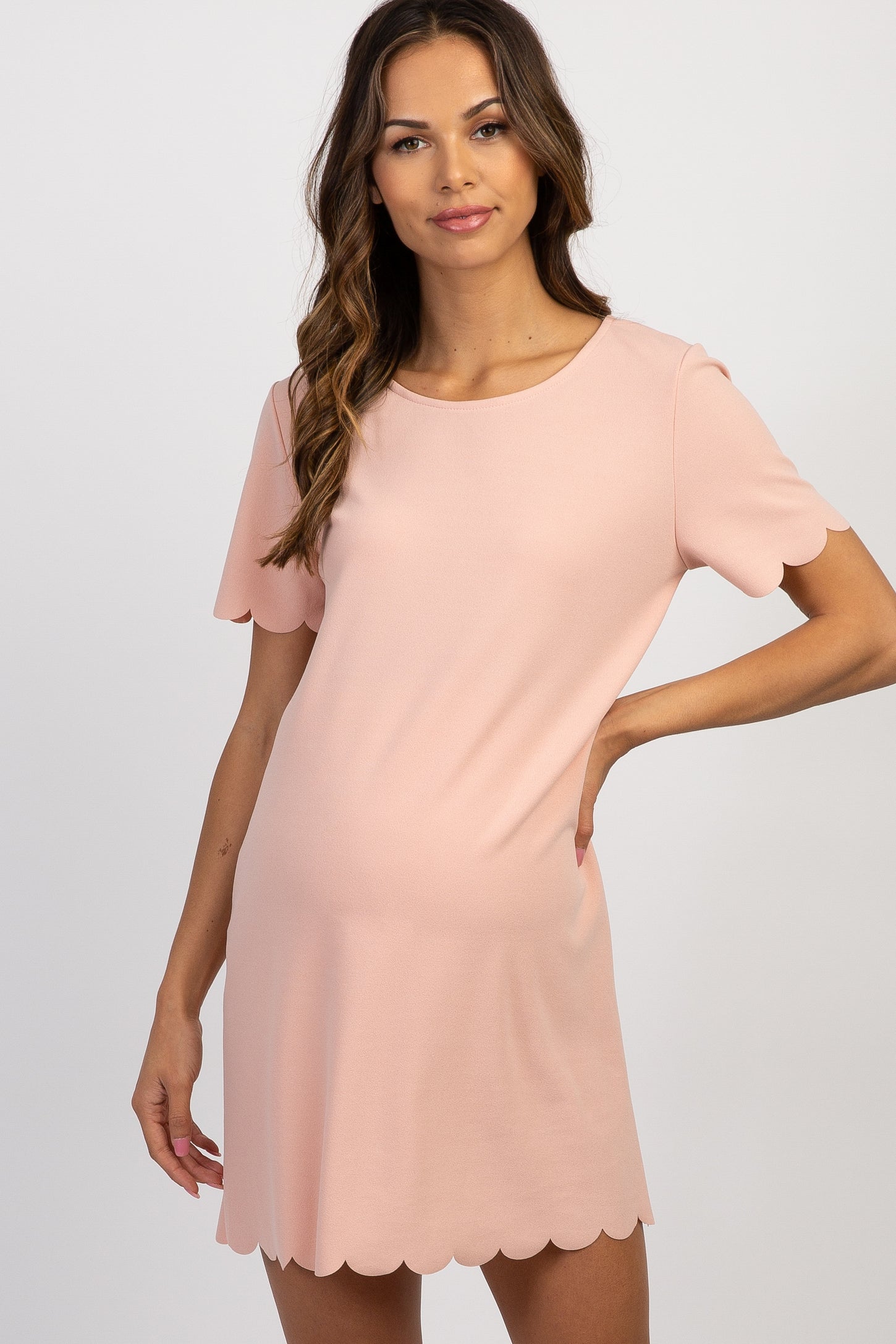 Light Pink Short Sleeve Scalloped Trim Maternity Dress