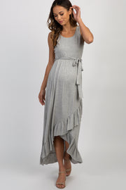 PinkBlush Heather Grey Sleeveless Hi-Low Ruffle Trim Maternity Maxi Dress