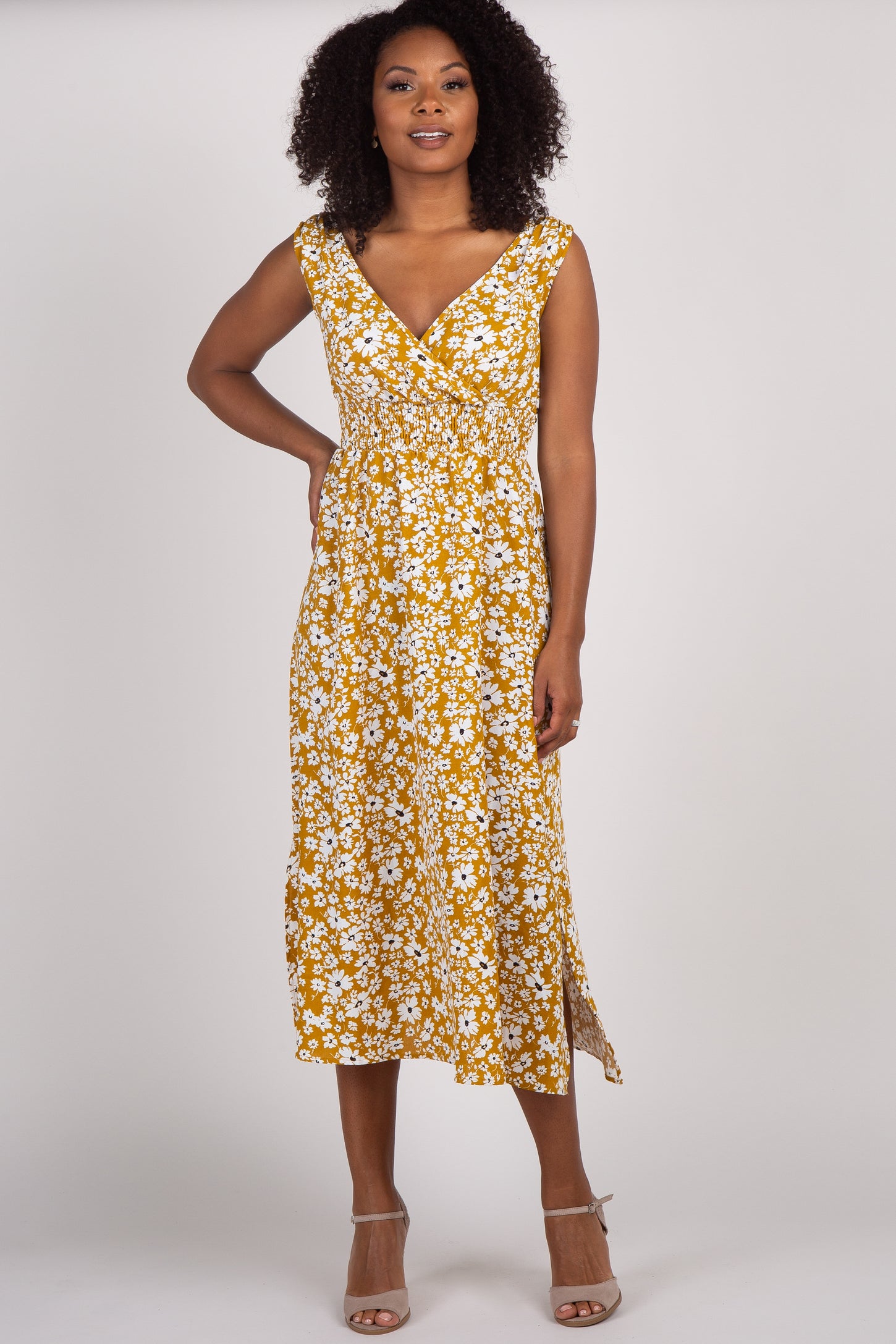 Yellow Floral Wrap Midi Dress