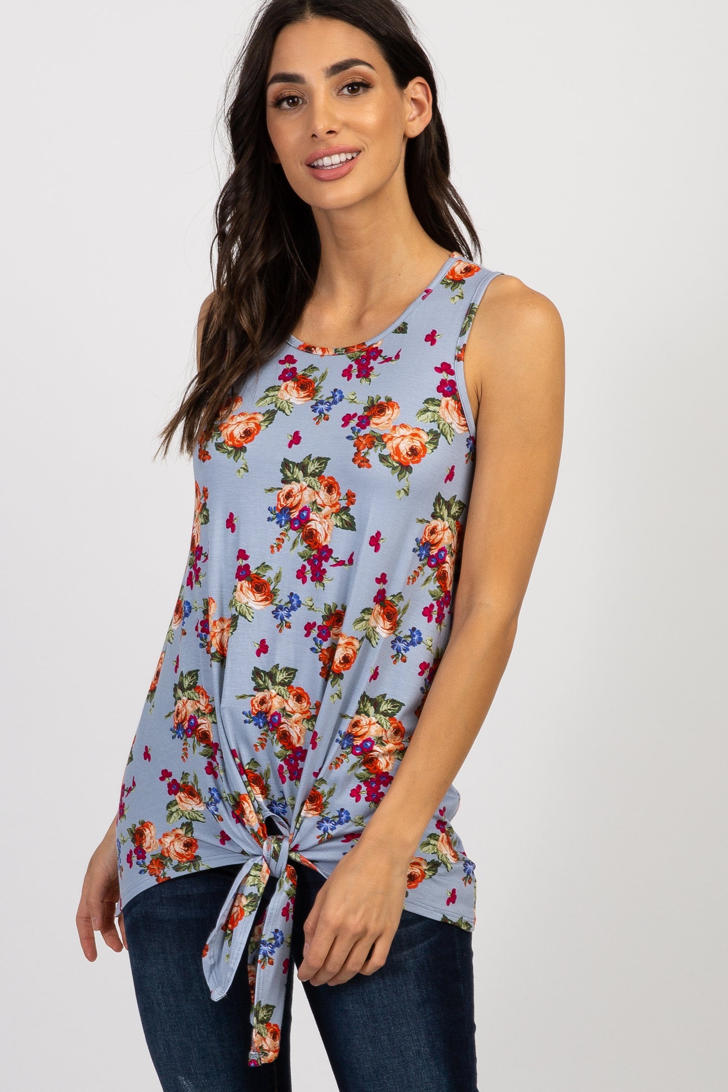 Light Blue Rose Floral Sleeveless Tie Front Maternity Top