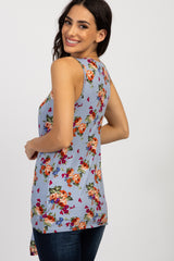 Light Blue Rose Floral Sleeveless Tie Front Maternity Top