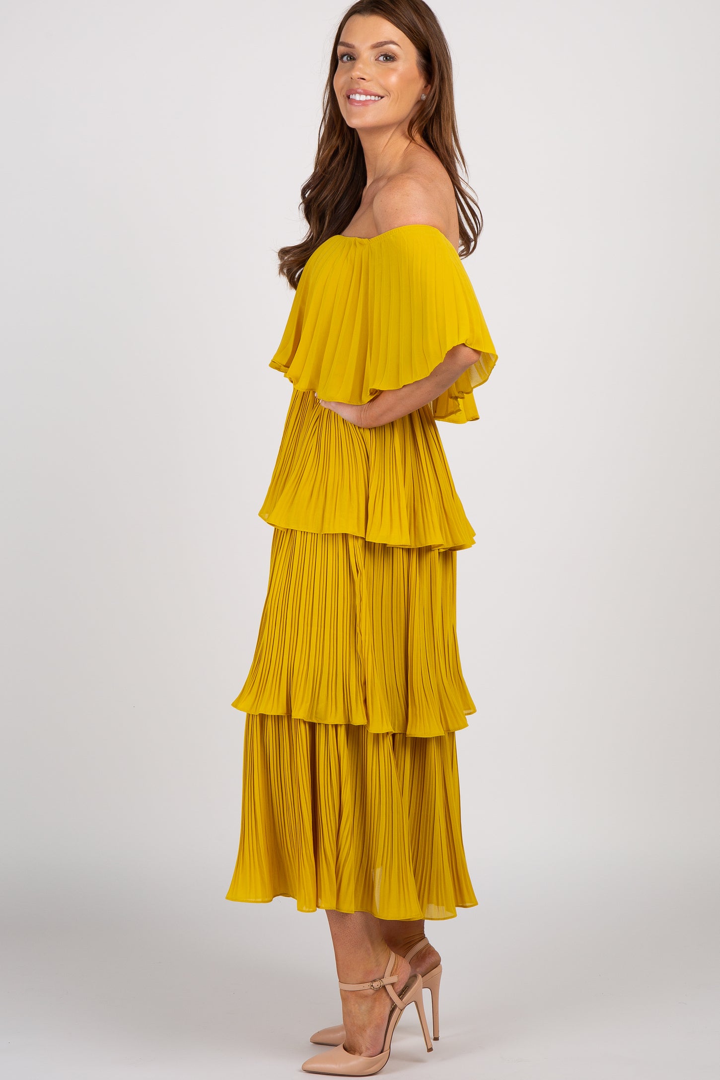 Yellow Solid Off Shoulder Pleated Ruffle Midi Dress