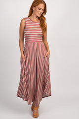 Mauve Striped Sleeveless Maternity Midi Dress