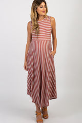 Mauve Striped Sleeveless Maternity Midi Dress