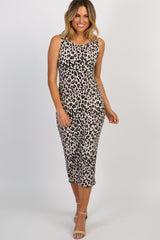 Beige Leopard Print Fitted Midi Dress