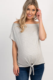 Heather Grey Striped Wide Neck Front Tie Maternity Short Sleeve Top