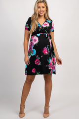 Black Floral Maternity Wrap Dress