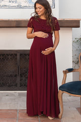 Burgundy Crochet Top Open Back Maternity Evening Gown