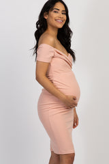 PinkBlush Light Pink Solid Off Shoulder Maternity Fitted Dress