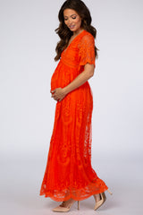 PinkBlush Neon Orange Lace Mesh Overlay Maternity Maxi Dress