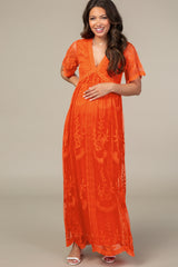 PinkBlush Neon Orange Lace Mesh Overlay Maternity Maxi Dress