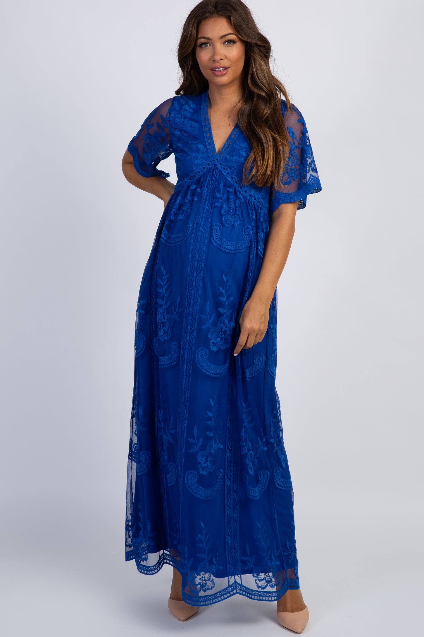 Royal Blue Lace Mesh Overlay Maternity Maxi Dress