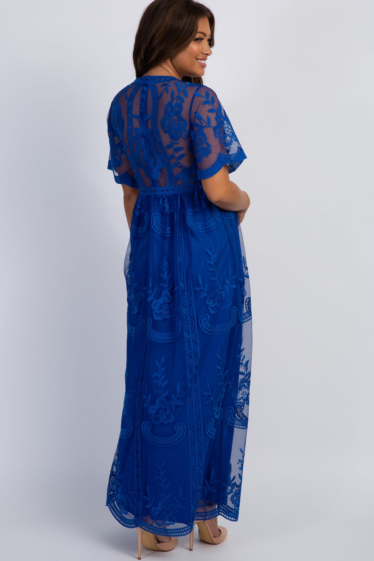 Royal Blue Lace Mesh Overlay Maternity Maxi Dress