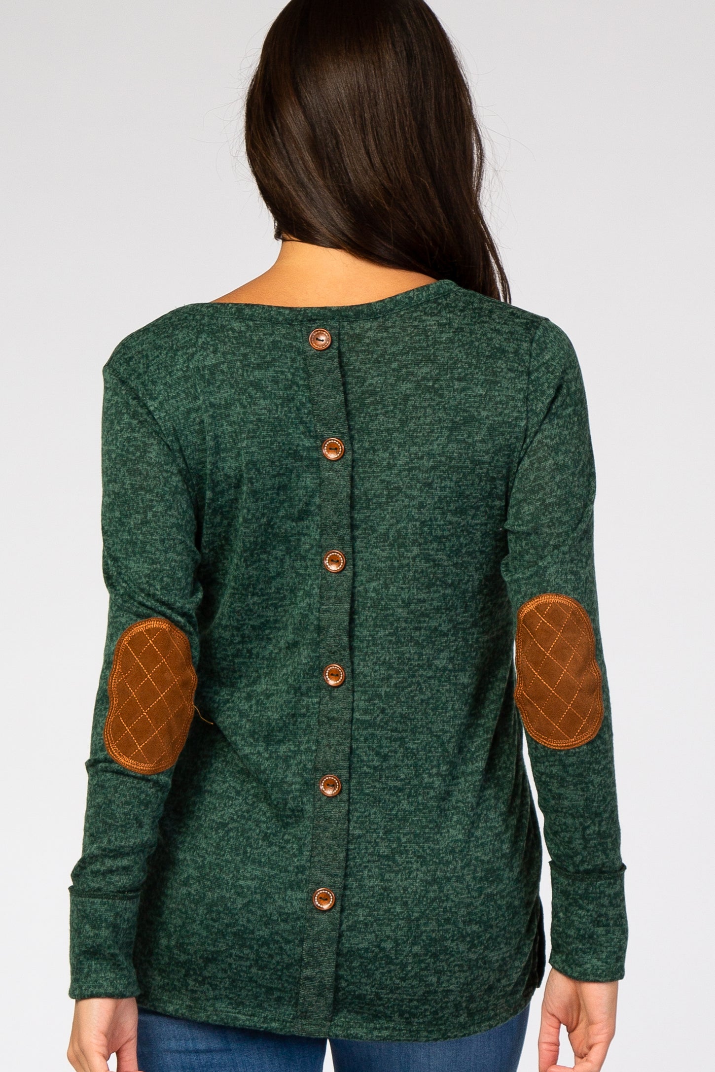 Olive Button Back Quilted Elbow Knit Top