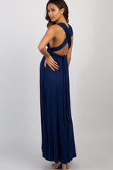 Navy Solid Pleated Convertible Maternity Maxi Dress