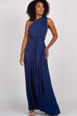 Navy Solid Pleated Convertible Maxi Dress