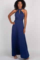 Navy Solid Pleated Convertible Maternity Maxi Dress