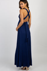 Navy Solid Pleated Convertible Maternity Maxi Dress