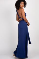 Navy Solid Pleated Convertible Maxi Dress