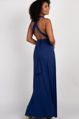 Navy Solid Pleated Convertible Maxi Dress