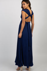 Navy Solid Pleated Convertible Maternity Maxi Dress