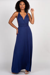 Navy Solid Pleated Convertible Maxi Dress