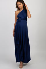 Navy Solid Pleated Convertible Maternity Maxi Dress