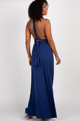 Navy Solid Pleated Convertible Maxi Dress