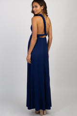 Navy Solid Pleated Convertible Maternity Maxi Dress