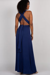 Navy Solid Pleated Convertible Maxi Dress