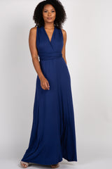 Navy Solid Pleated Convertible Maxi Dress