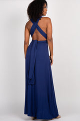 Navy Solid Pleated Convertible Maxi Dress