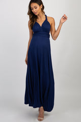 Navy Solid Pleated Convertible Maternity Maxi Dress