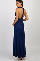 Navy Solid Pleated Convertible Maternity Maxi Dress