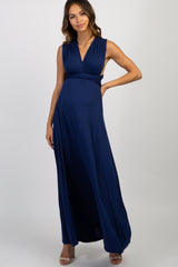 Navy Solid Pleated Convertible Maternity Maxi Dress