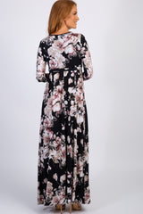 Black Abstract Floral Sash Tie Nursing Maxi Dress