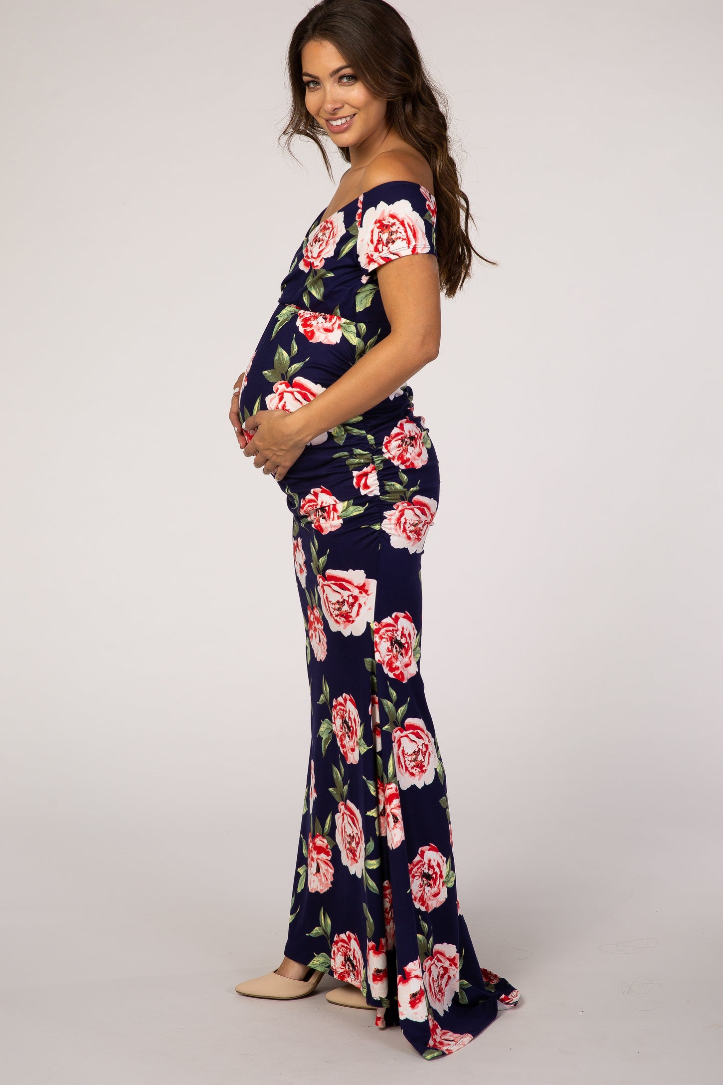 PinkBlush Navy Floral Off Shoulder Wrap Maternity Photoshoot Gown/Dress