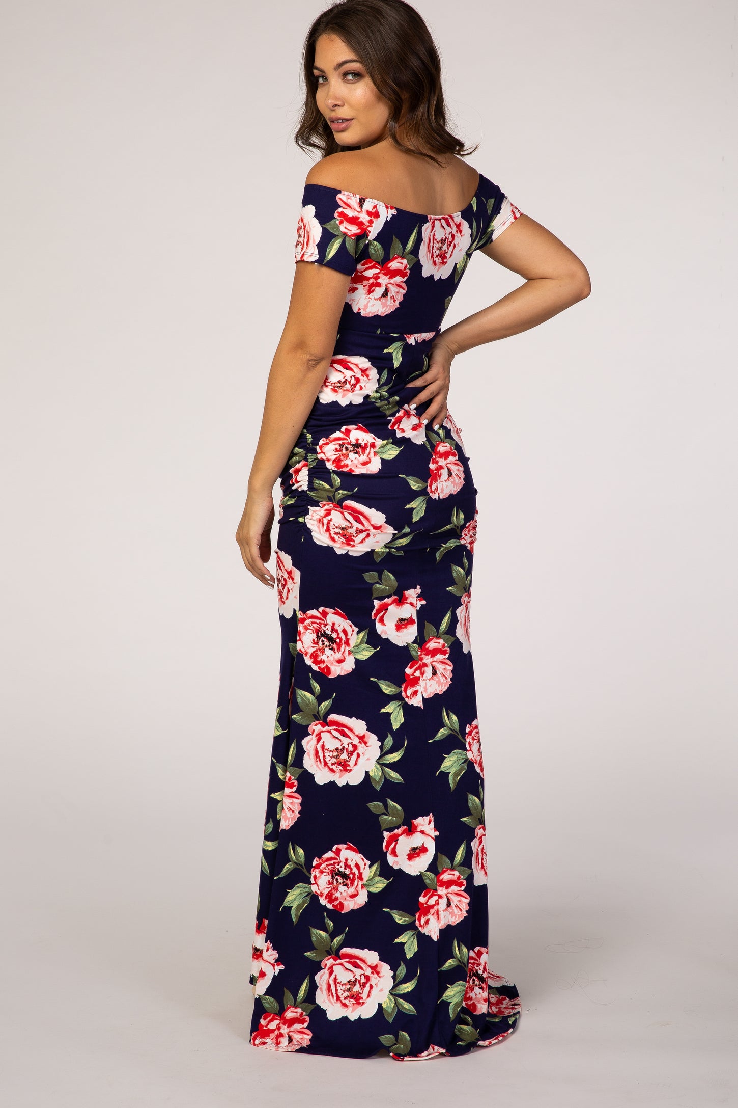 PinkBlush Navy Floral Off Shoulder Wrap Maternity Photoshoot Gown/Dress