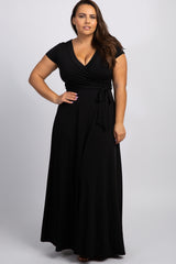 Black Solid Short Sleeve Plus Nursing Wrap Maxi Dress