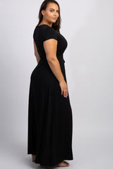 Black Solid Short Sleeve Plus Nursing Wrap Maxi Dress