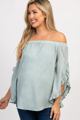 Light Blue Off Shoulder Ruffle Sleeve Maternity Top