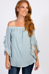 Light Blue Off Shoulder Ruffle Sleeve Maternity Top