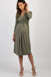 Light Olive Twist Front 3/4 Sleeve Maternity Dress