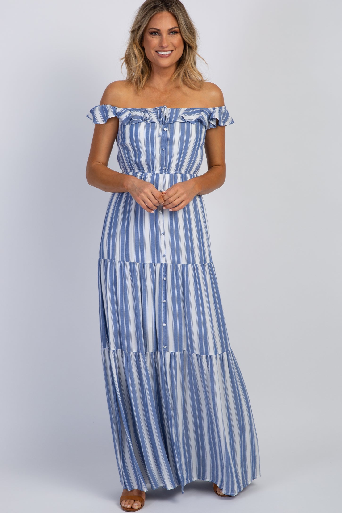 Blue Striped Off Shoulder Maxi Dress