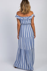 Blue Striped Off Shoulder Maxi Dress