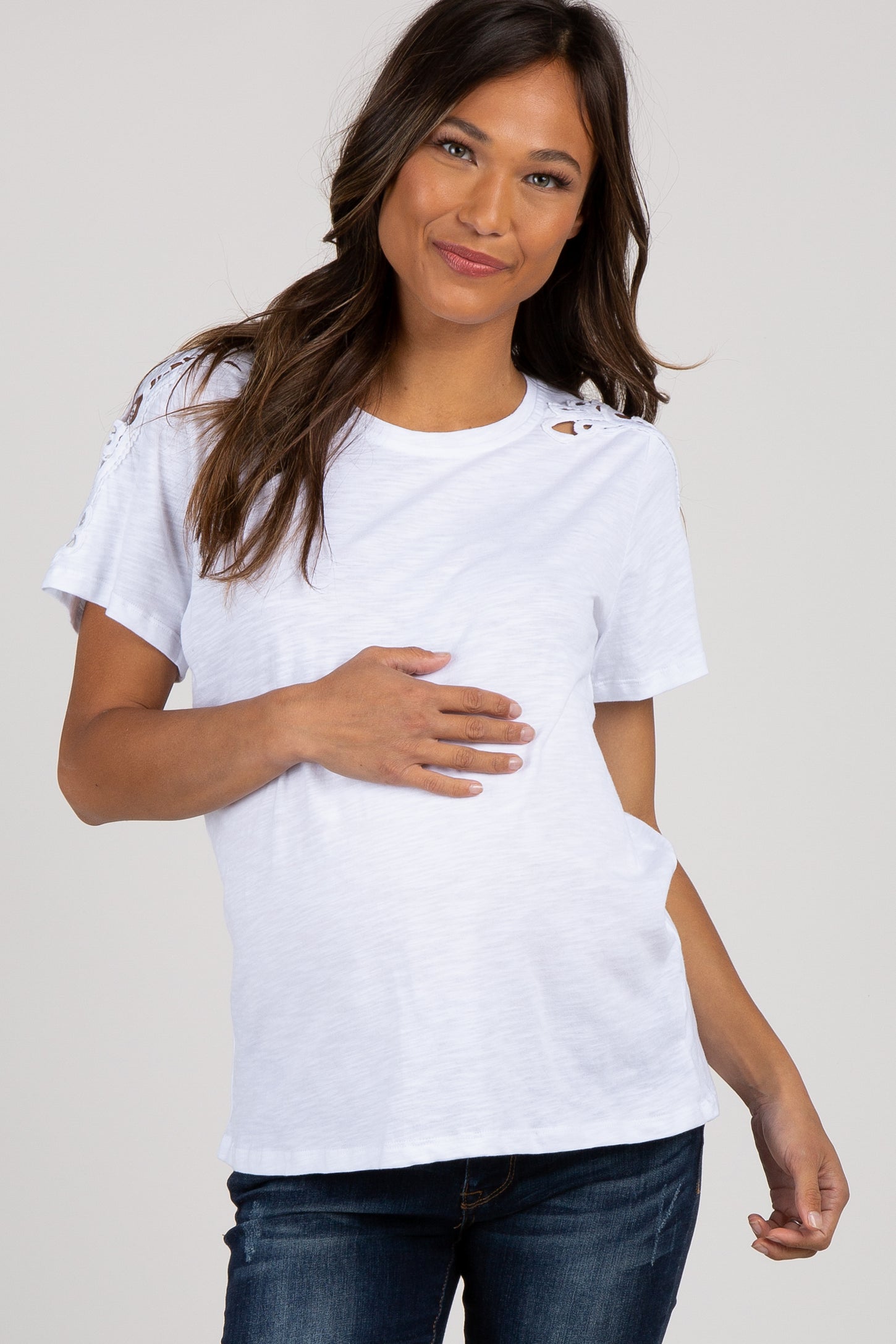 White Crochet Sleeve Maternity Top