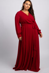 Burgundy Chiffon Long Sleeve Pleated Plus Maxi Dress