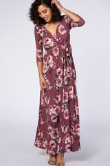PinkBlush Mauve Abstract Floral Sash Tie Maternity/Nursing Maxi Dress