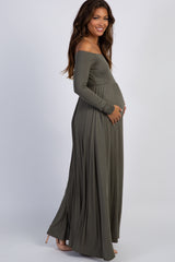 PinkBlush Petite Olive Solid Off Shoulder Maternity Maxi Dress