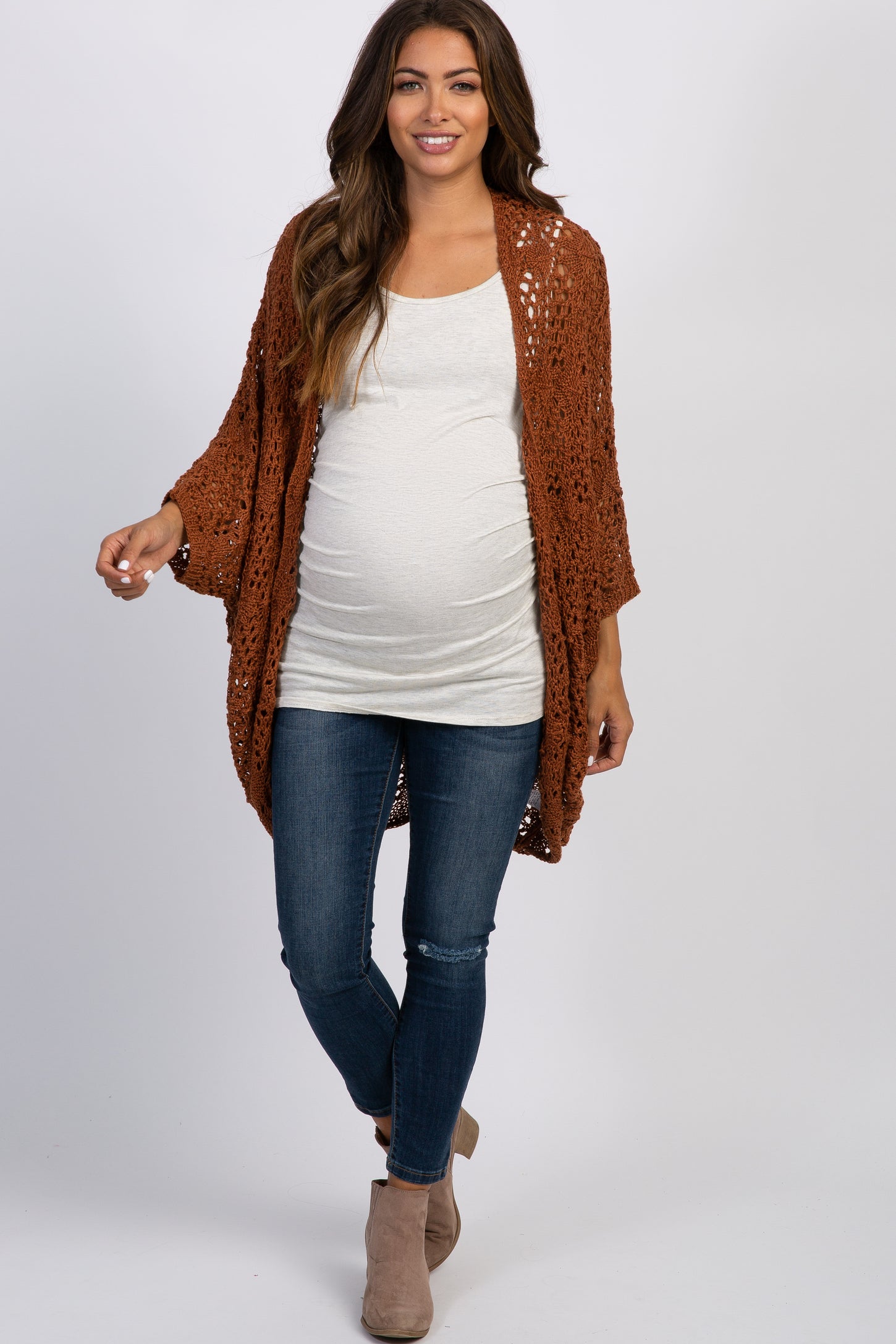 Rust Oversized Crochet Lace Maternity Cardigan